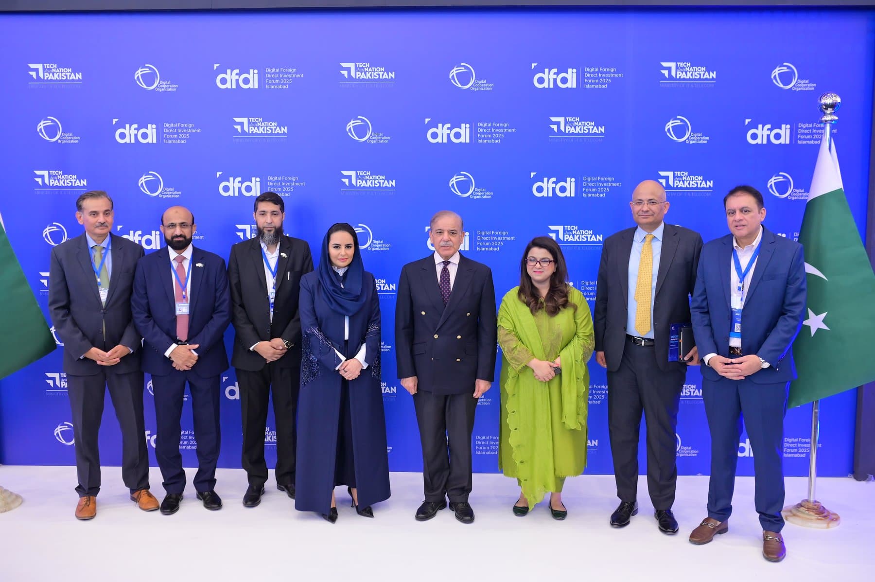 Prime Minister Shehbaz Sharif at the DFDI Forum 2025 inaugural reception with DCO Secretary General H.E. Deemah AlYahya, Federal Minister for IT Ms. Shaza Fatima Khawaja, and the Naqeebz × Brand Buzz JV organising team.